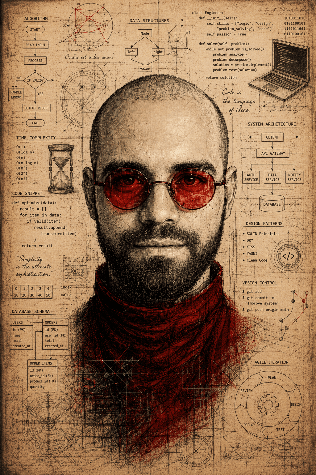 Illustrated portrait surrounded by architecture notes and engineering diagrams